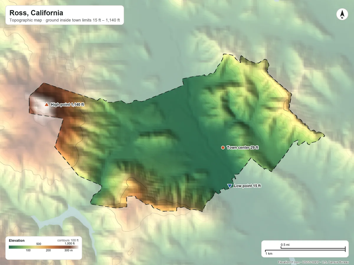 Topographic elevation map of Ross, California, shaded from 15 ft on the south side to 1,140 ft on Bald Hill