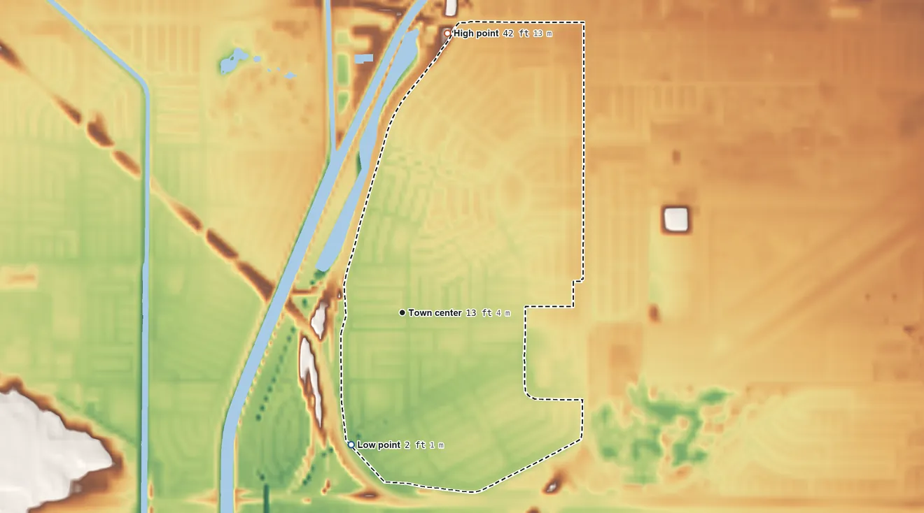 Topographic elevation map of Rossmoor, California, shaded from 2 ft on the south side to 42 ft on the north side