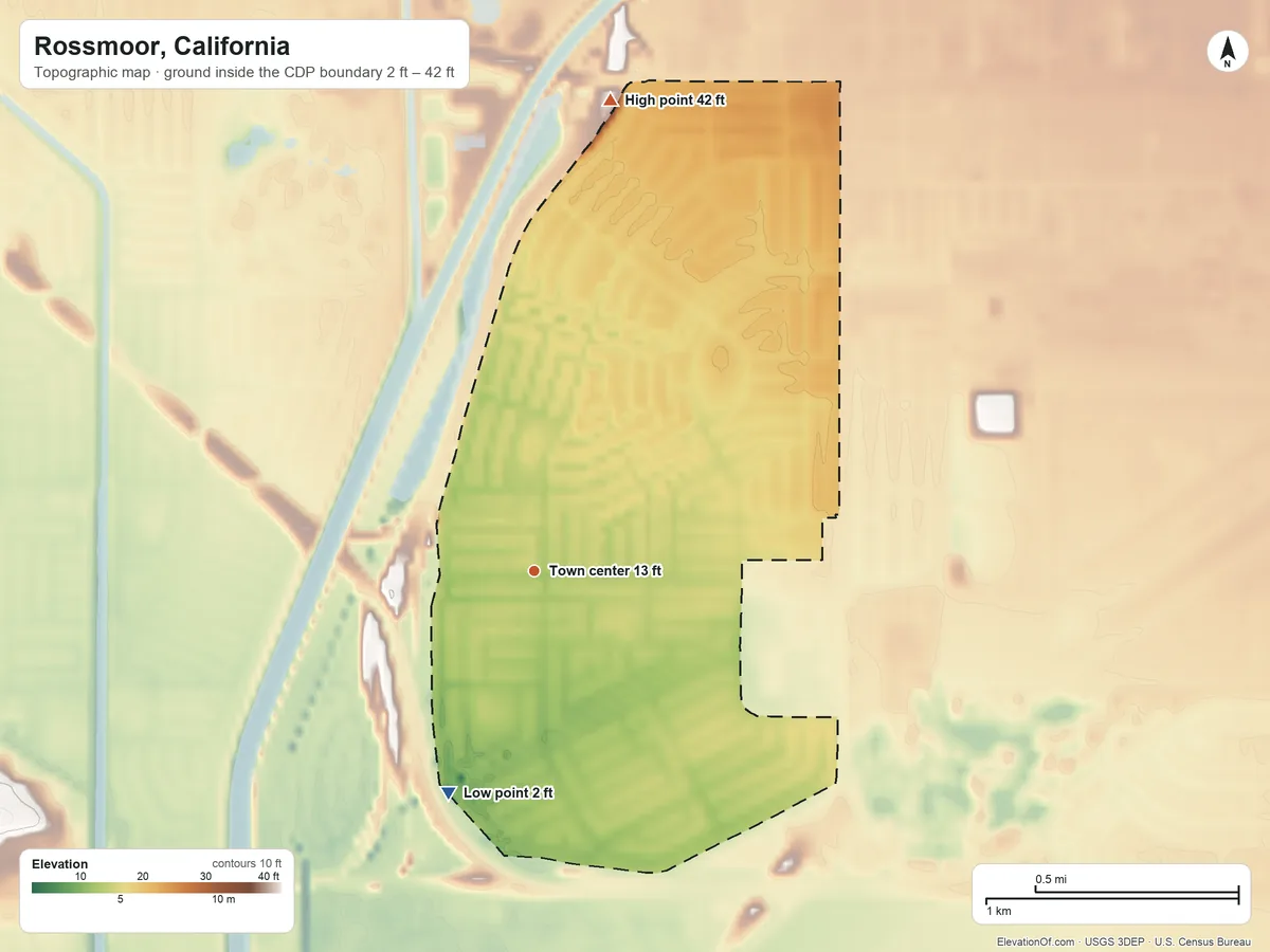 Topographic elevation map of Rossmoor, California, shaded from 2 ft on the south side to 42 ft on the north side