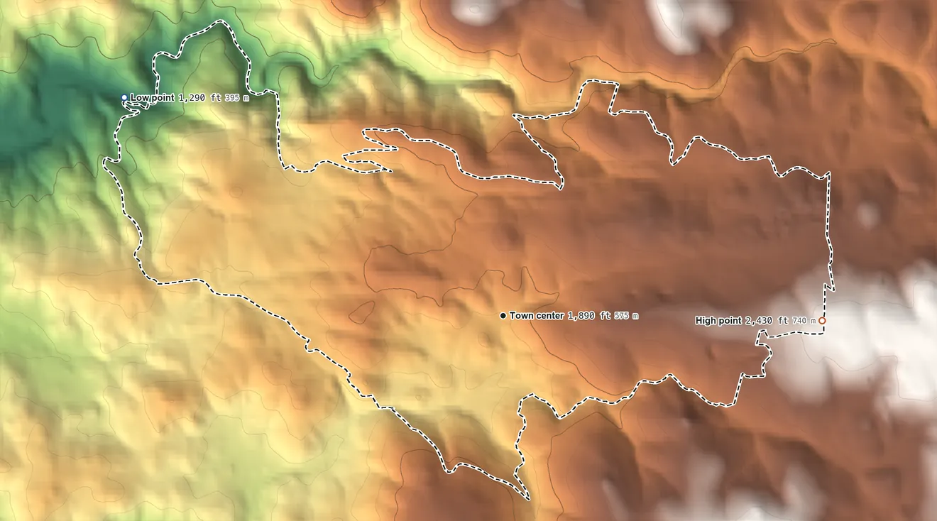 Topographic elevation map of Rough and Ready, California, shaded from 1,290 ft on the northwest side to 2,430 ft on the east side