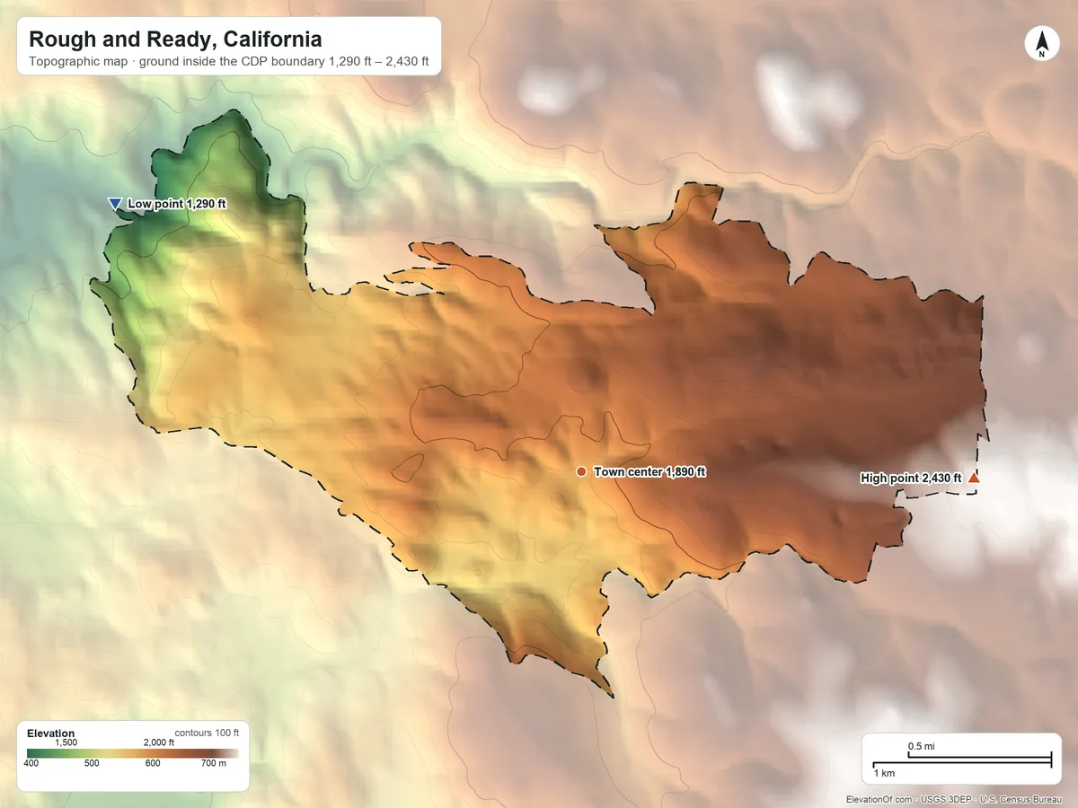 Topographic elevation map of Rough and Ready, California, shaded from 1,290 ft on the northwest side to 2,430 ft on the east side