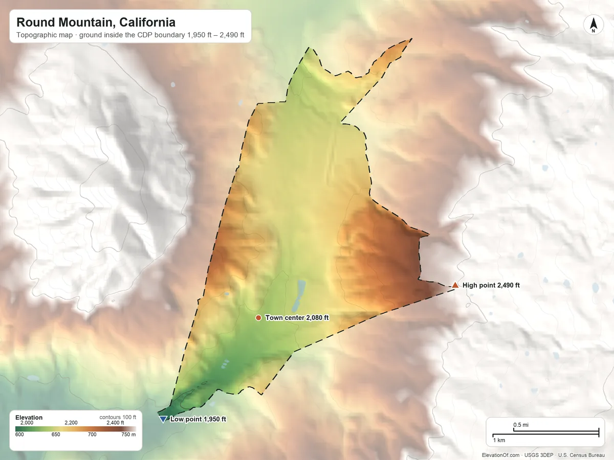 Topographic elevation map of Round Mountain, California, shaded from 1,950 ft on the southwest side to 2,490 ft on the east edge, below higher ground just outside