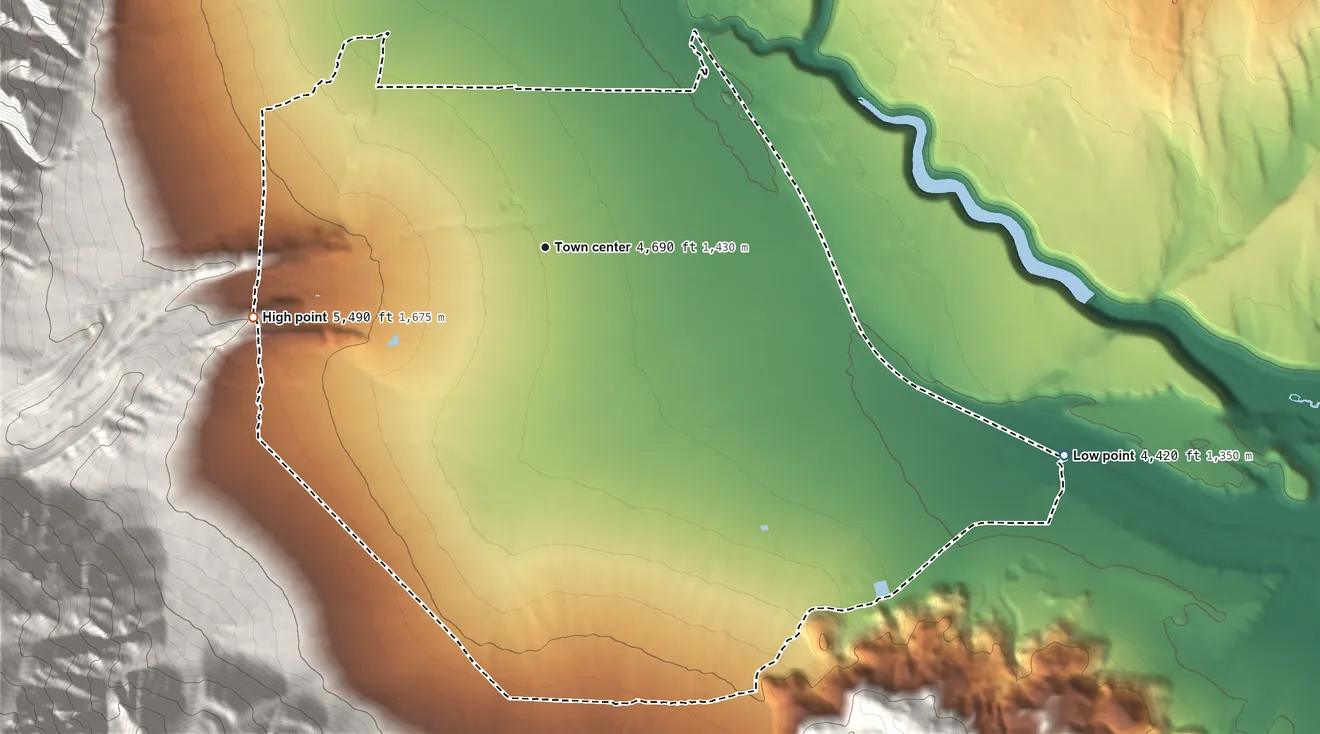 Topographic elevation map of Round Valley, California, shaded from 4,420 ft on the east side to 5,490 ft at the foot of the Tungsten Hills