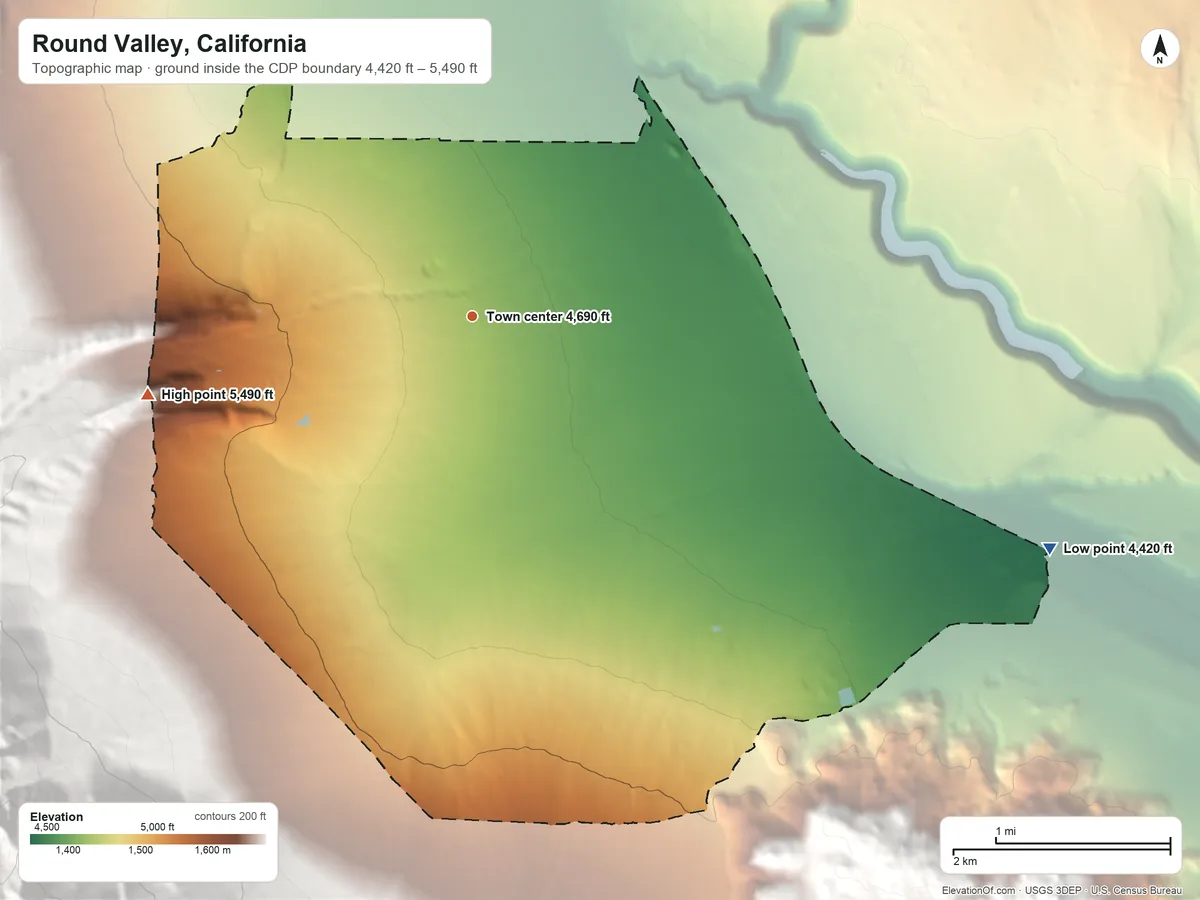 Topographic elevation map of Round Valley, California, shaded from 4,420 ft on the east side to 5,490 ft at the foot of the Tungsten Hills