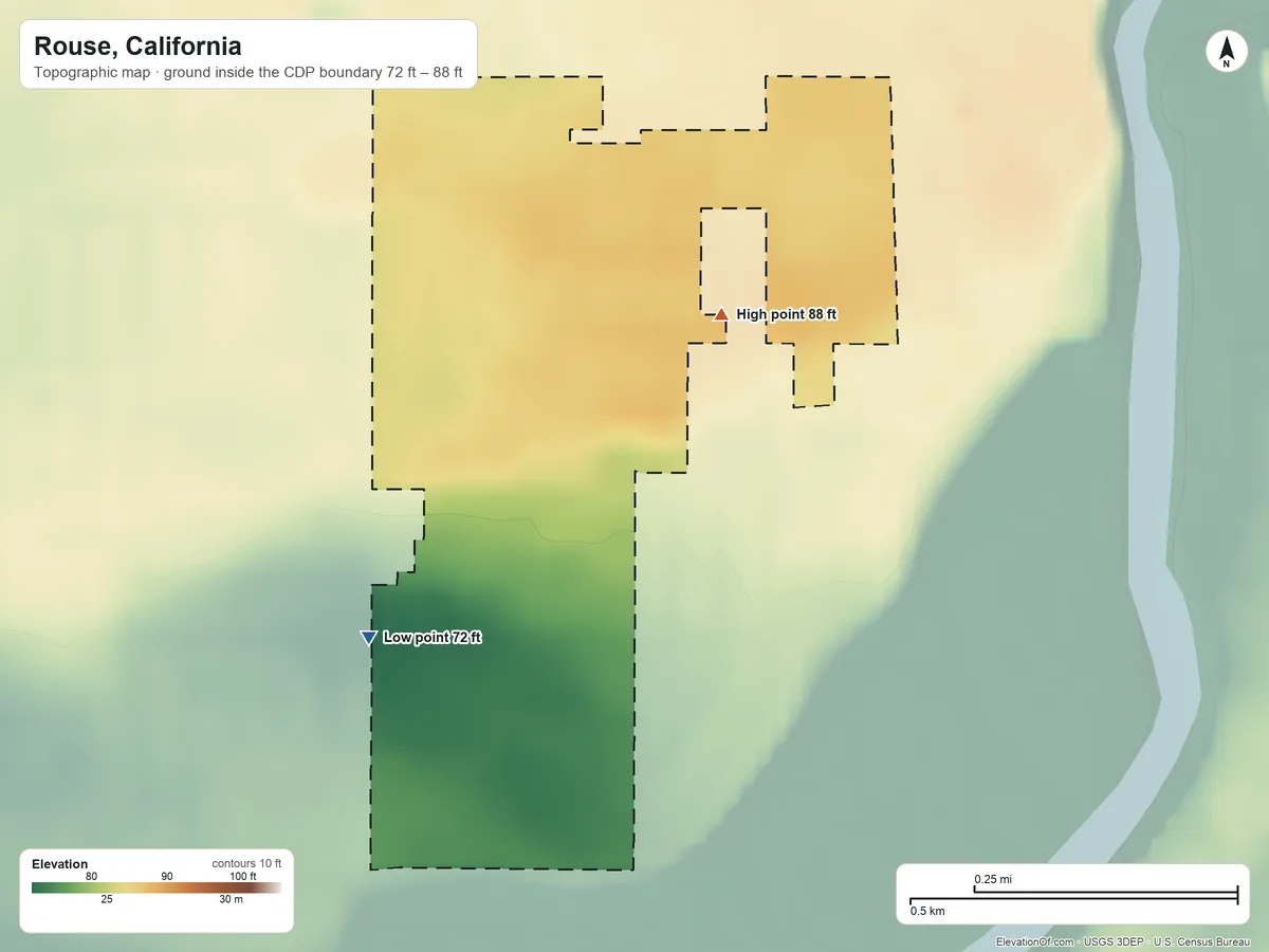 Topographic elevation map of Rouse, California, shaded from 72 ft on the southwest side to 88 ft on the northeast side