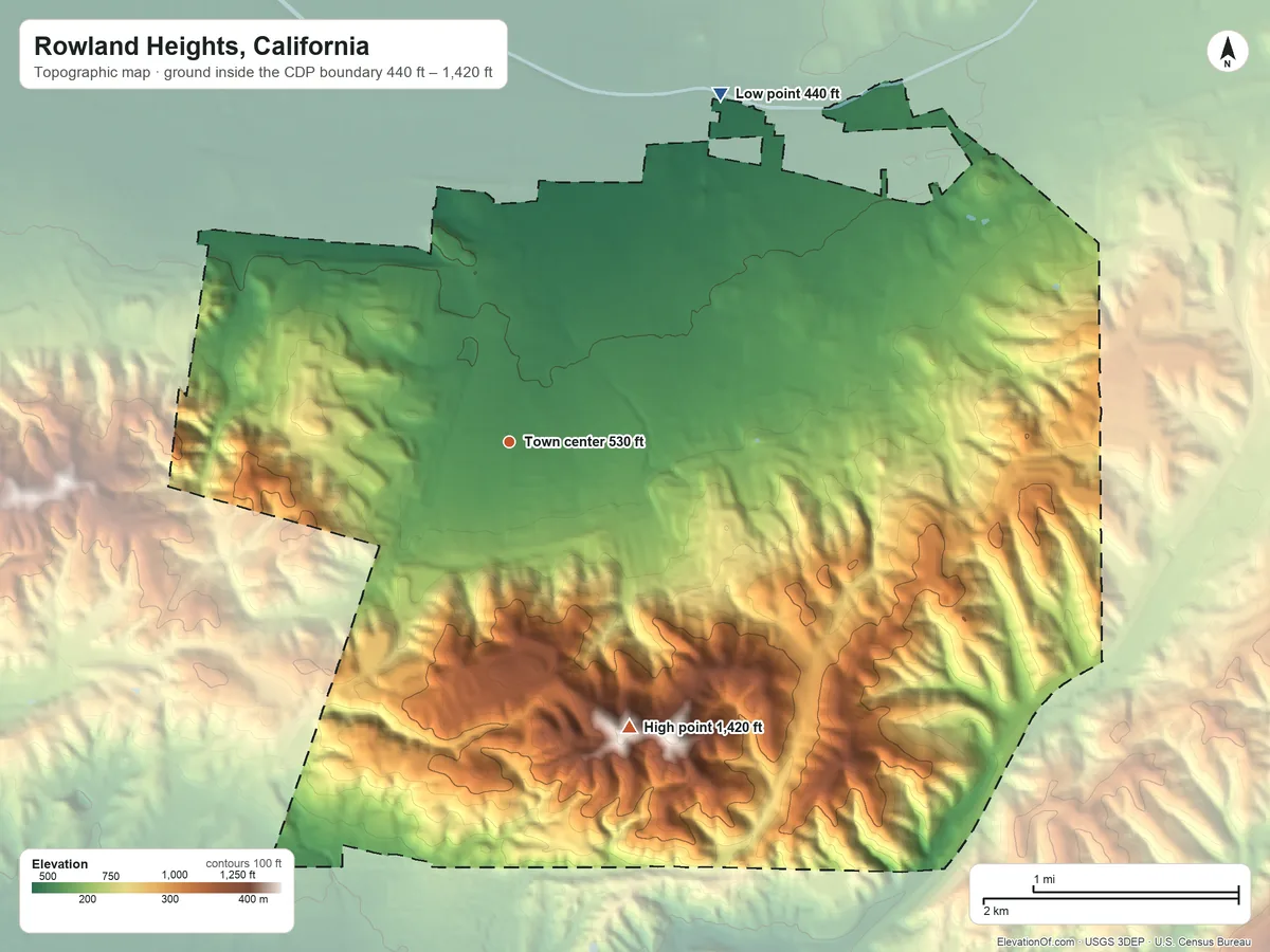 Topographic elevation map of Rowland Heights, California, shaded from 440 ft on the northeast side to 1,420 ft on the southeast side
