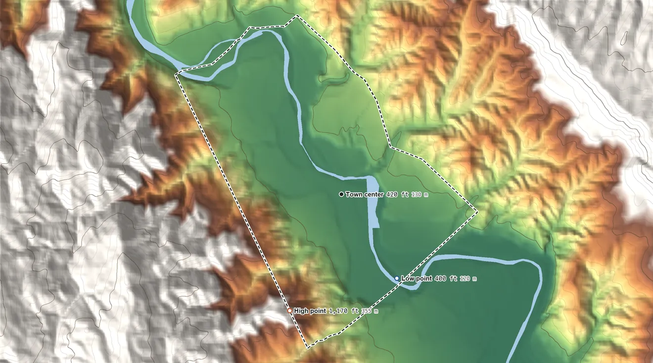 Topographic elevation map of Rumsey, California, shaded from 400 ft on the southeast side to 1,170 ft at the foot of the Sweitzer Hills