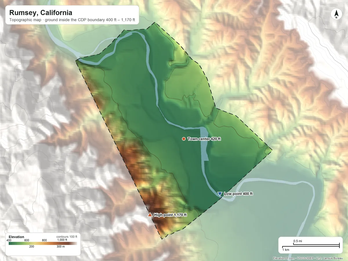 Topographic elevation map of Rumsey, California, shaded from 400 ft on the southeast side to 1,170 ft at the foot of the Sweitzer Hills