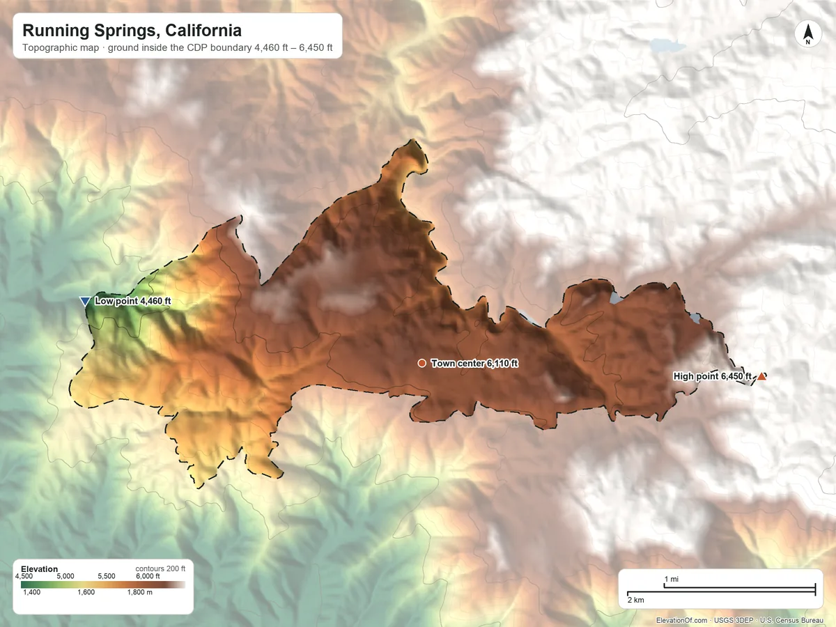 Topographic elevation map of Running Springs, California, shaded from 4,460 ft on the west side to 6,450 ft at the foot of the Crafton Hills