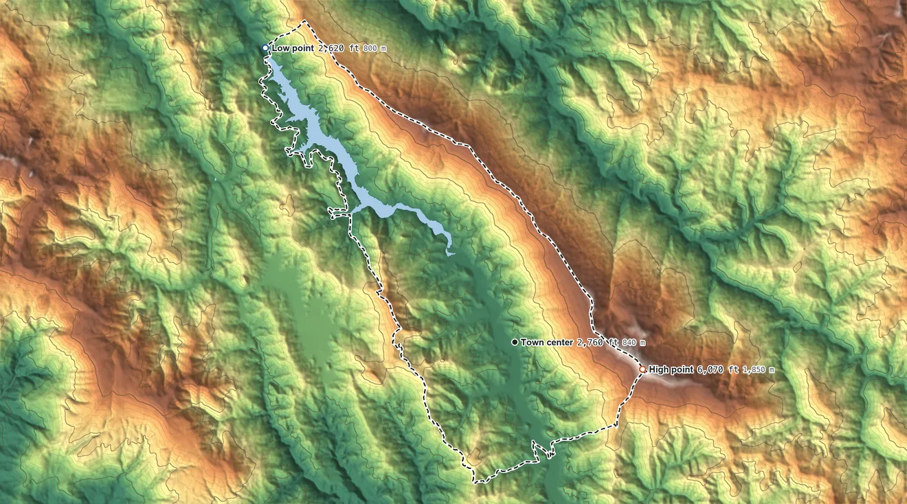 Topographic elevation map of Ruth, California, shaded from 2,620 ft on the northwest side to 6,073 ft on Chinquapin Butte