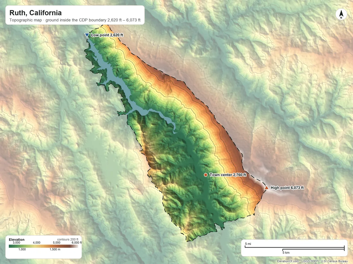 Topographic elevation map of Ruth, California, shaded from 2,620 ft on the northwest side to 6,073 ft on Chinquapin Butte