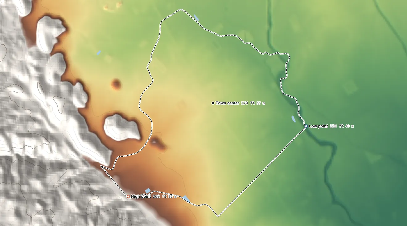 Topographic elevation map of Rutherford, California, shaded from 130 ft on the east side to 260 ft at the foot of the Yountville Hills