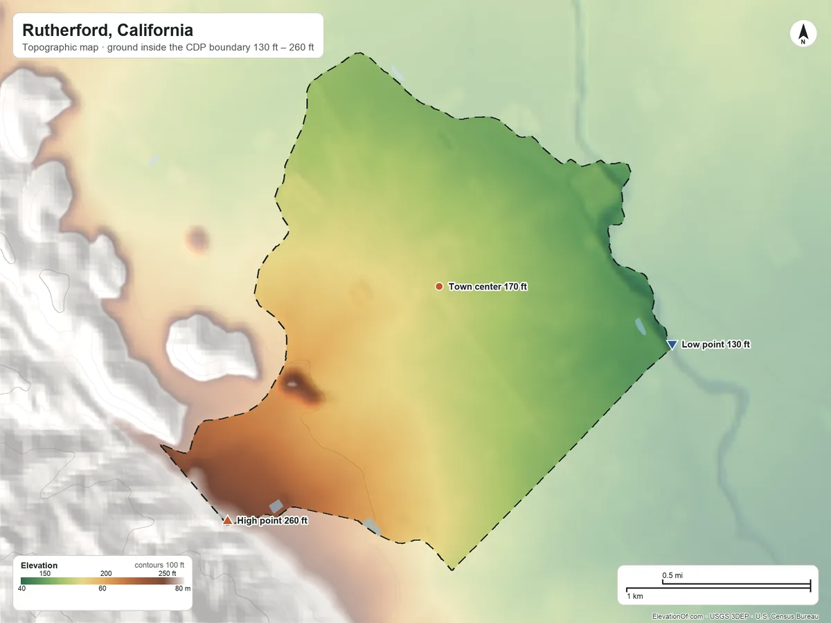 Topographic elevation map of Rutherford, California, shaded from 130 ft on the east side to 260 ft at the foot of the Yountville Hills