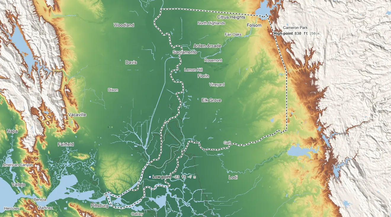 Topographic elevation map of Sacramento County, California, shaded from 23 ft below sea level on the southwest side to 830 ft on the northeast side