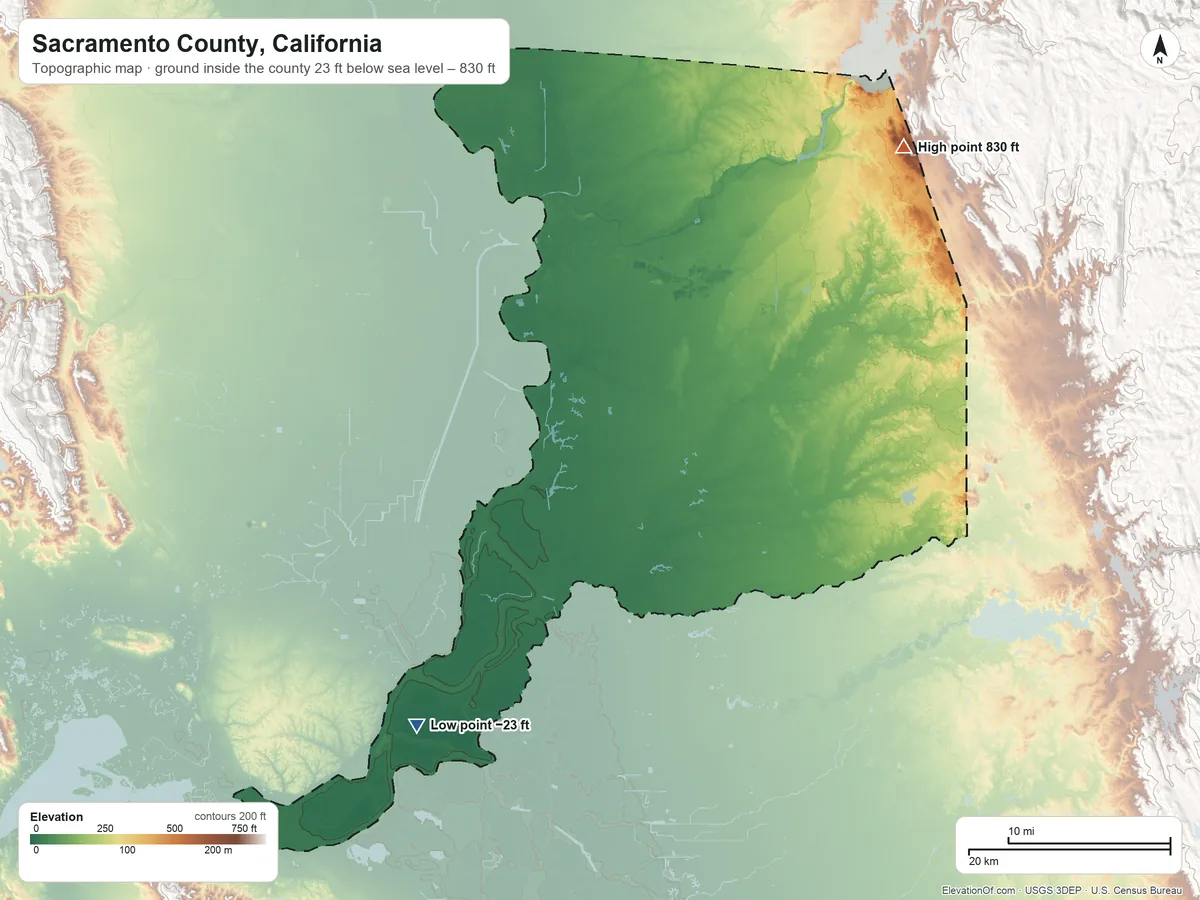 Topographic elevation map of Sacramento County, California, shaded from 23 ft below sea level on the southwest side to 830 ft on the northeast side
