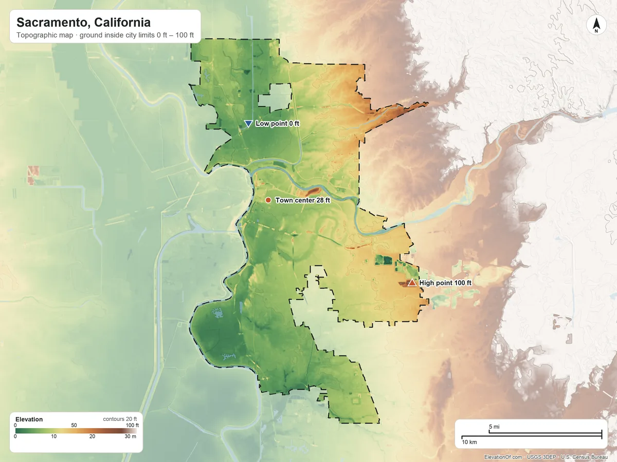 Topographic elevation map of Sacramento, California, shaded from 0 ft on the north side to 100 ft on the southeast side