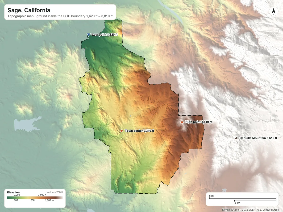 Topographic elevation map of Sage, California, shaded from 1,620 ft on the north side to 3,810 ft on the east side