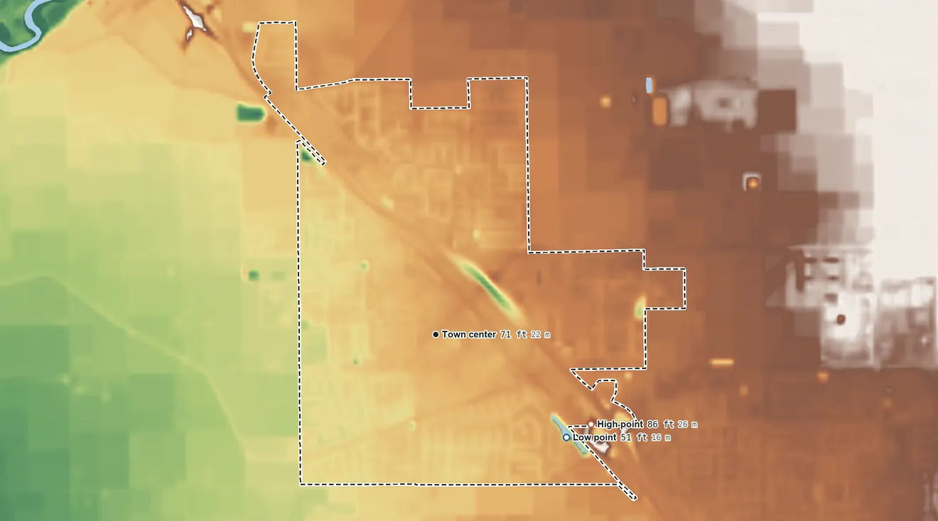 Topographic elevation map of Salida, California, shaded from 51 ft on the southeast side to 86 ft on the southeast side