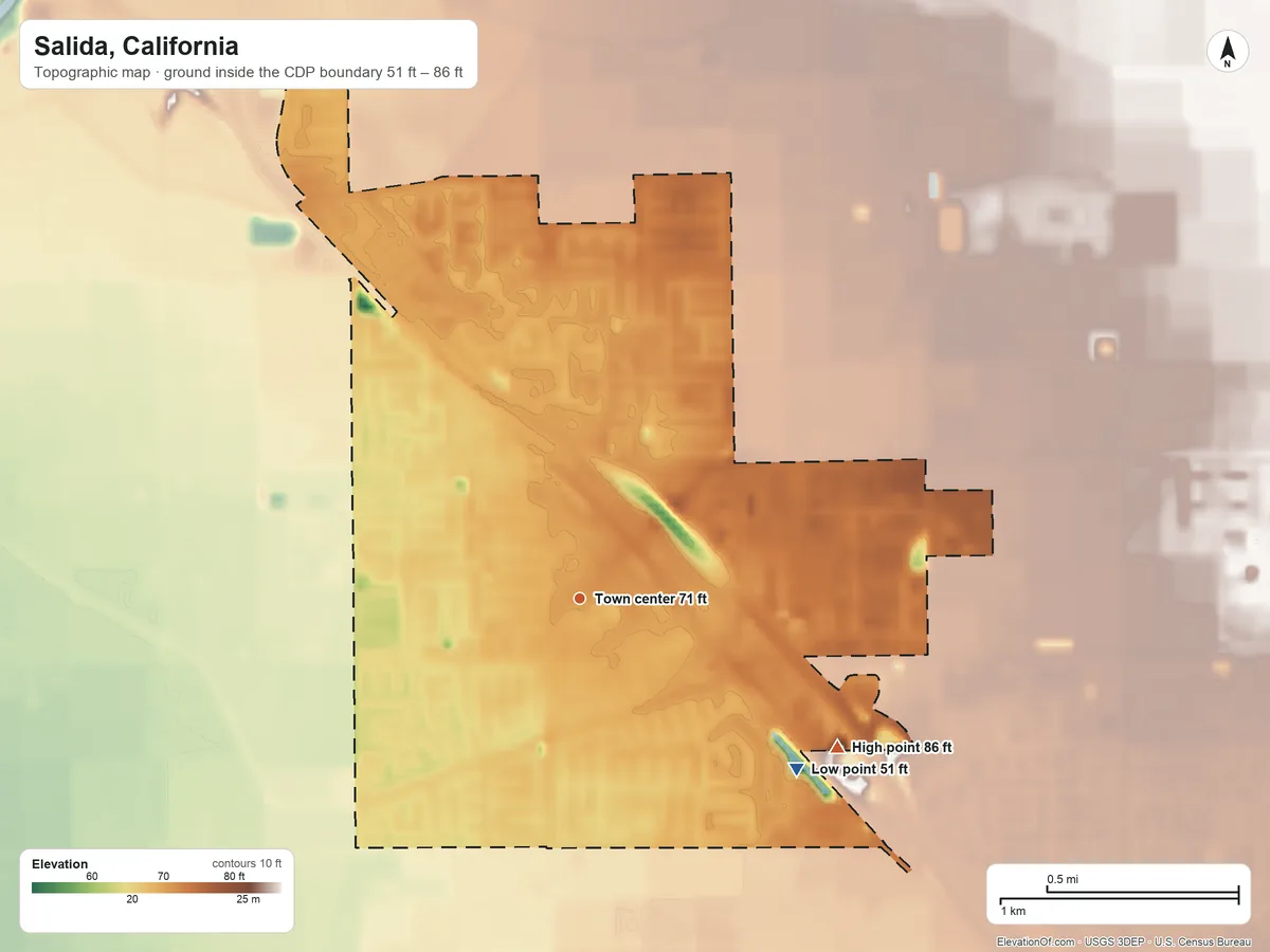 Topographic elevation map of Salida, California, shaded from 51 ft on the southeast side to 86 ft on the southeast side