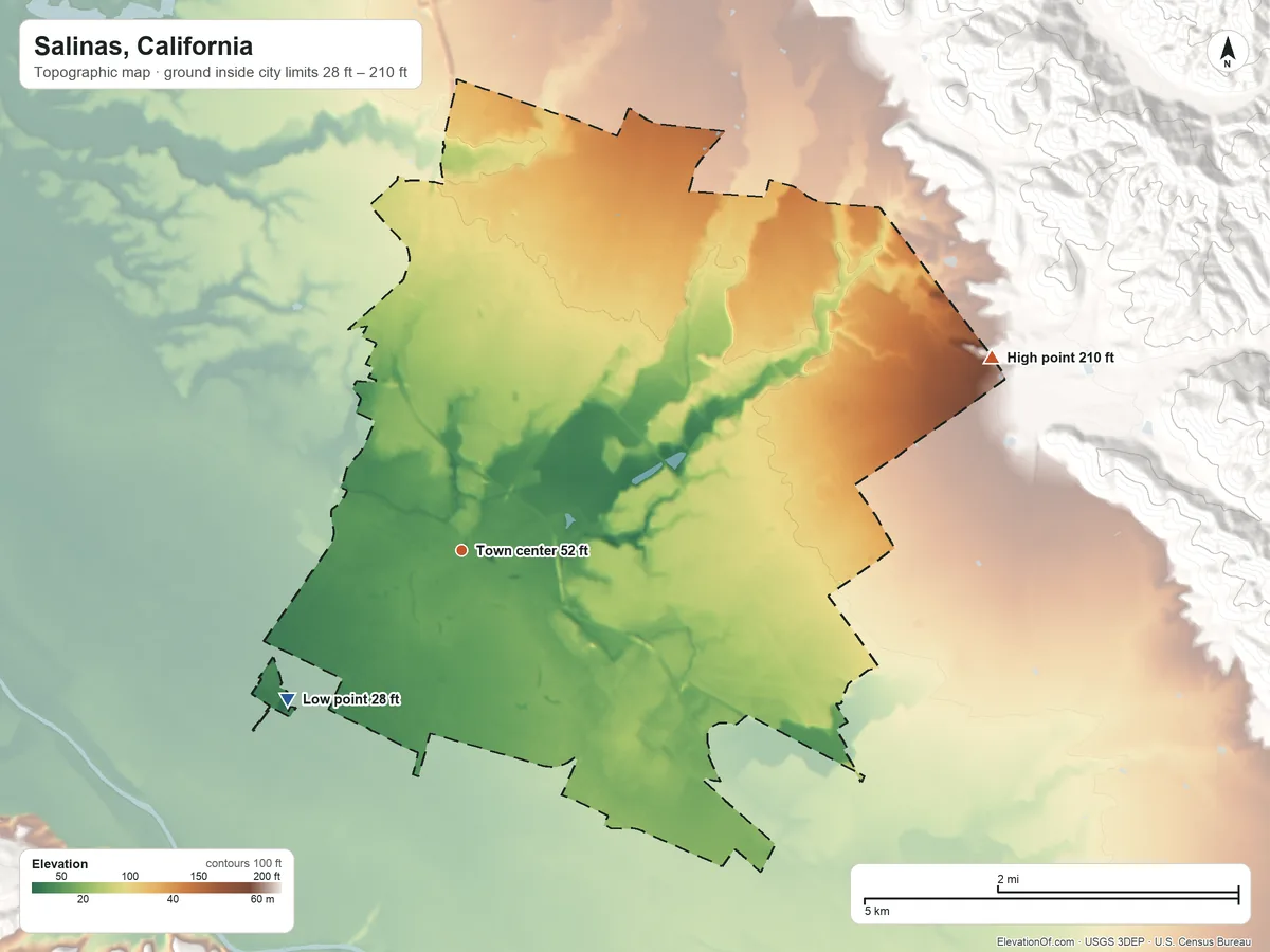 Topographic elevation map of Salinas, California, shaded from 28 ft on the southwest side to 210 ft at the foot of the Gabilan Range