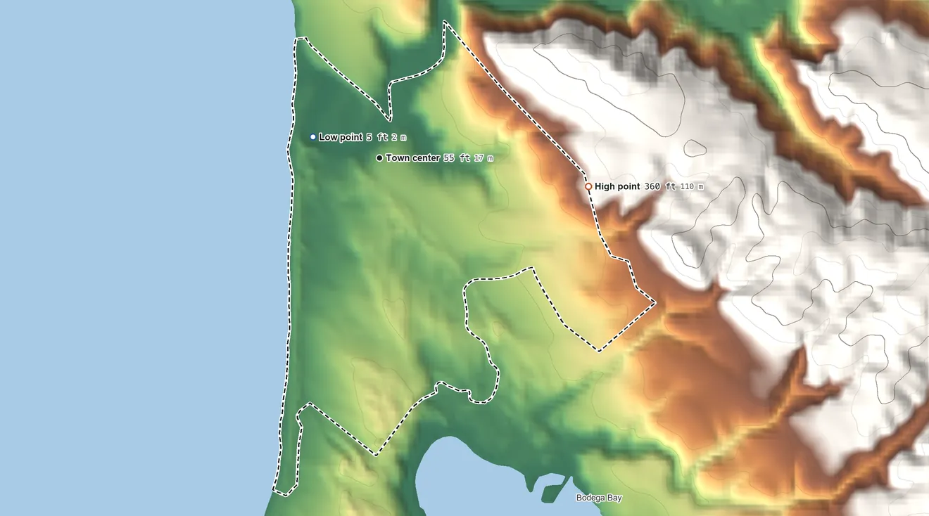 Topographic elevation map of Salmon Creek, California, shaded from 5 ft on the west side to 360 ft on the east edge, below higher ground just outside