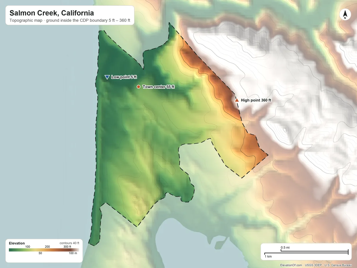 Topographic elevation map of Salmon Creek, California, shaded from 5 ft on the west side to 360 ft on the east edge, below higher ground just outside