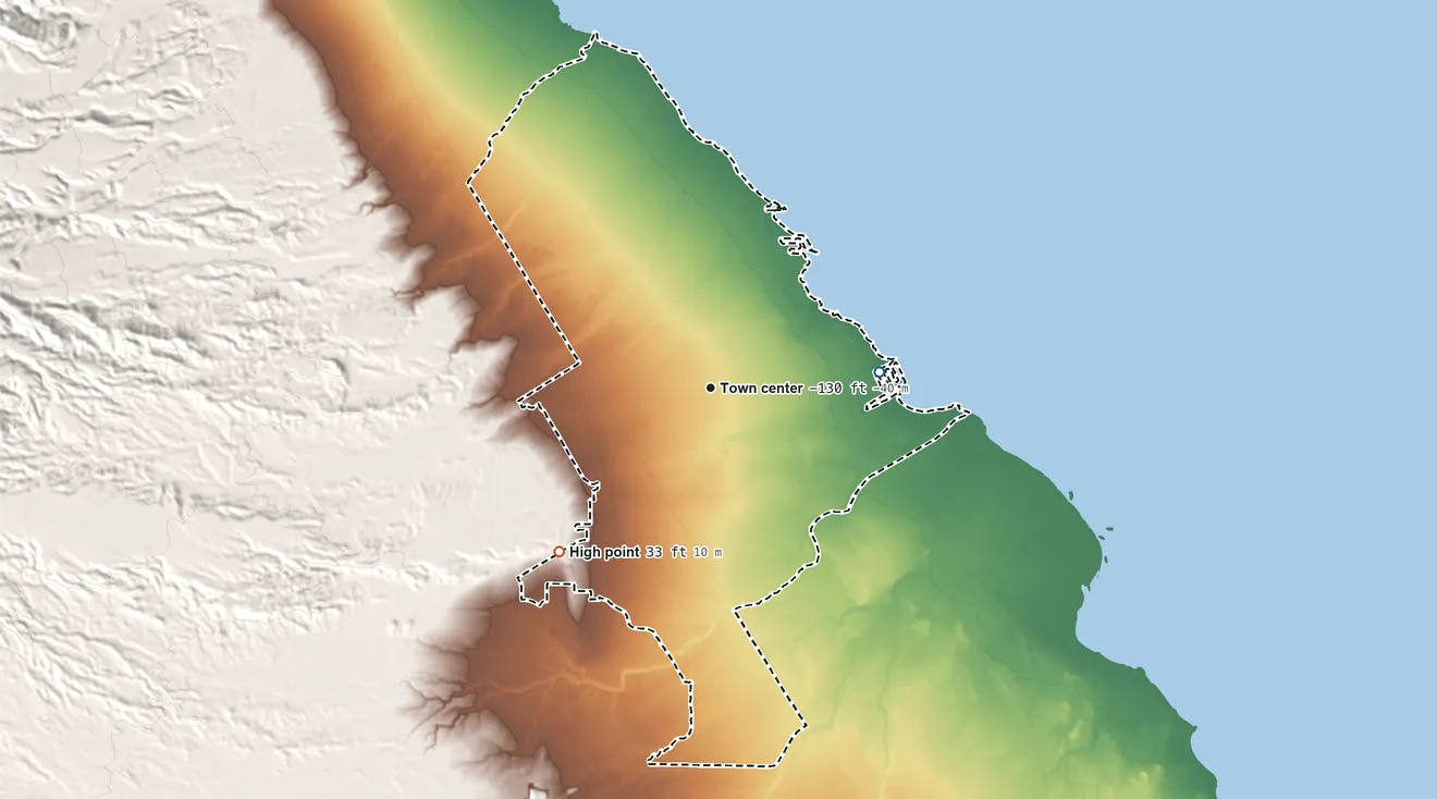 Topographic elevation map of Salton City, California, shaded from −240 ft on the east side to 33 ft on the southwest side
