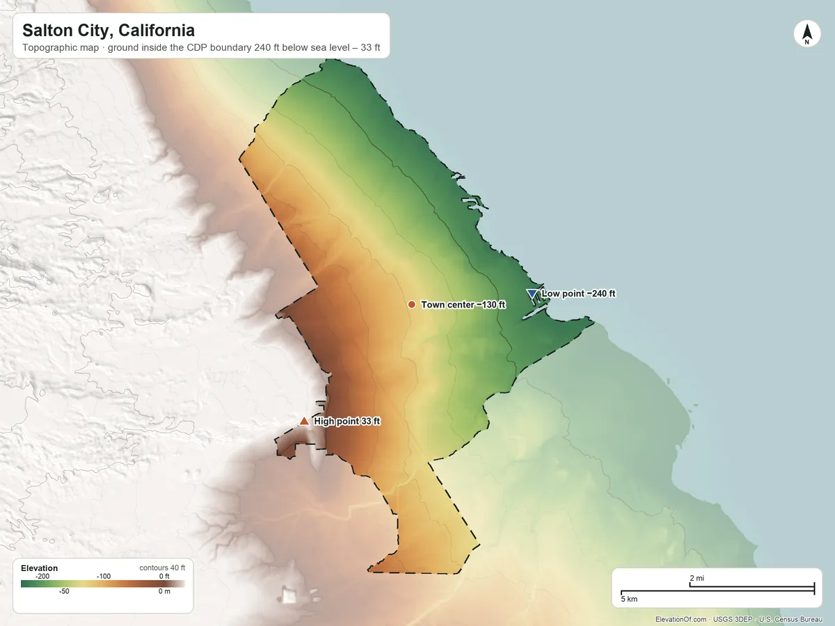 Topographic elevation map of Salton City, California, shaded from −240 ft on the east side to 33 ft on the southwest side