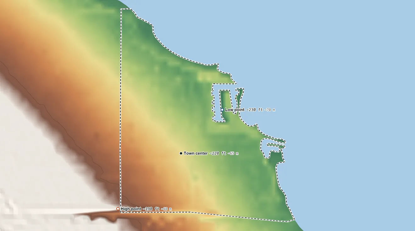 Topographic elevation map of Salton Sea Beach, California, shaded from −230 ft on the northeast side to −190 ft on the southwest side