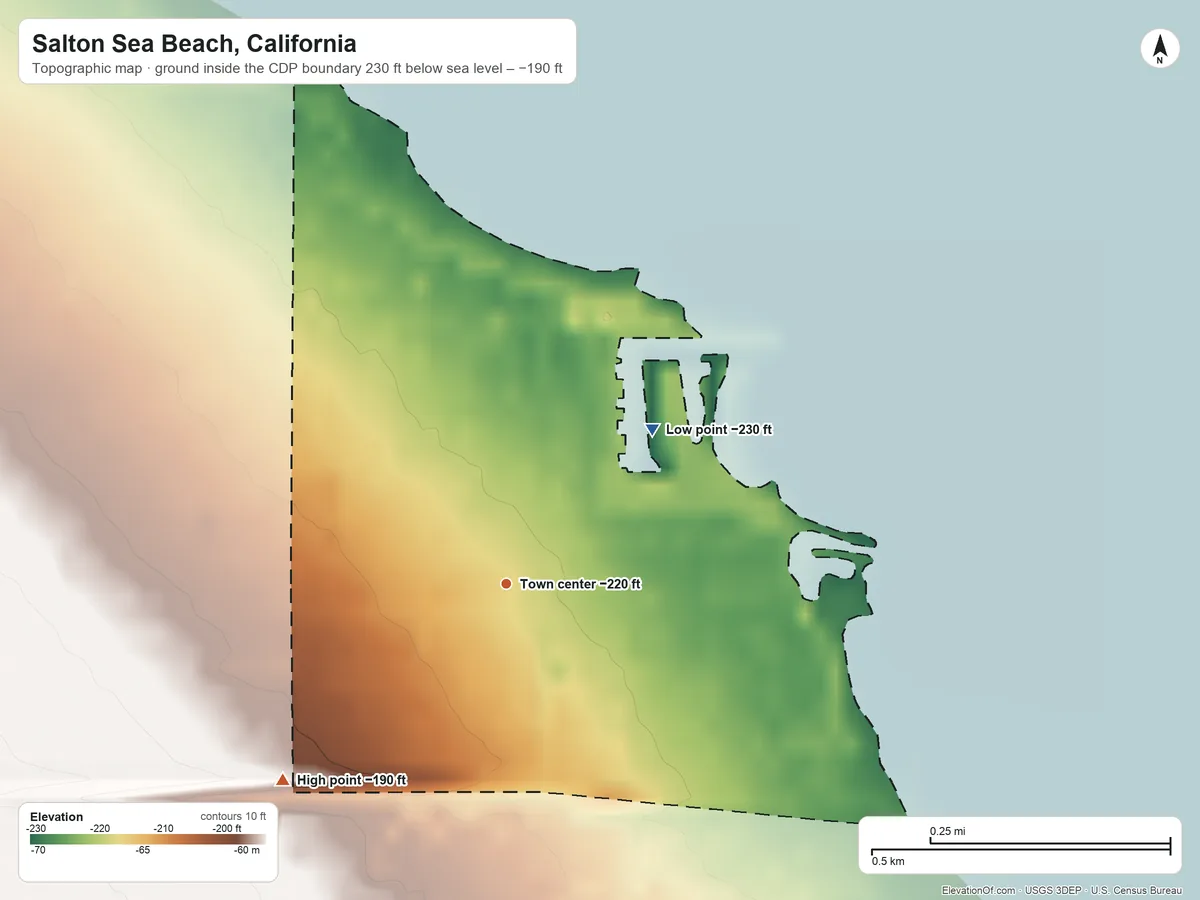 Topographic elevation map of Salton Sea Beach, California, shaded from −230 ft on the northeast side to −190 ft on the southwest side