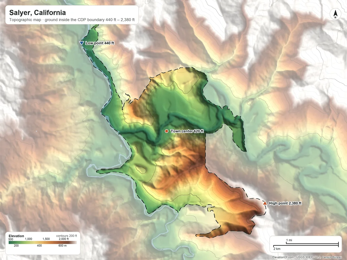 Topographic elevation map of Salyer, California, shaded from 440 ft on the northwest side to 2,380 ft on the southeast edge, below higher ground just outside