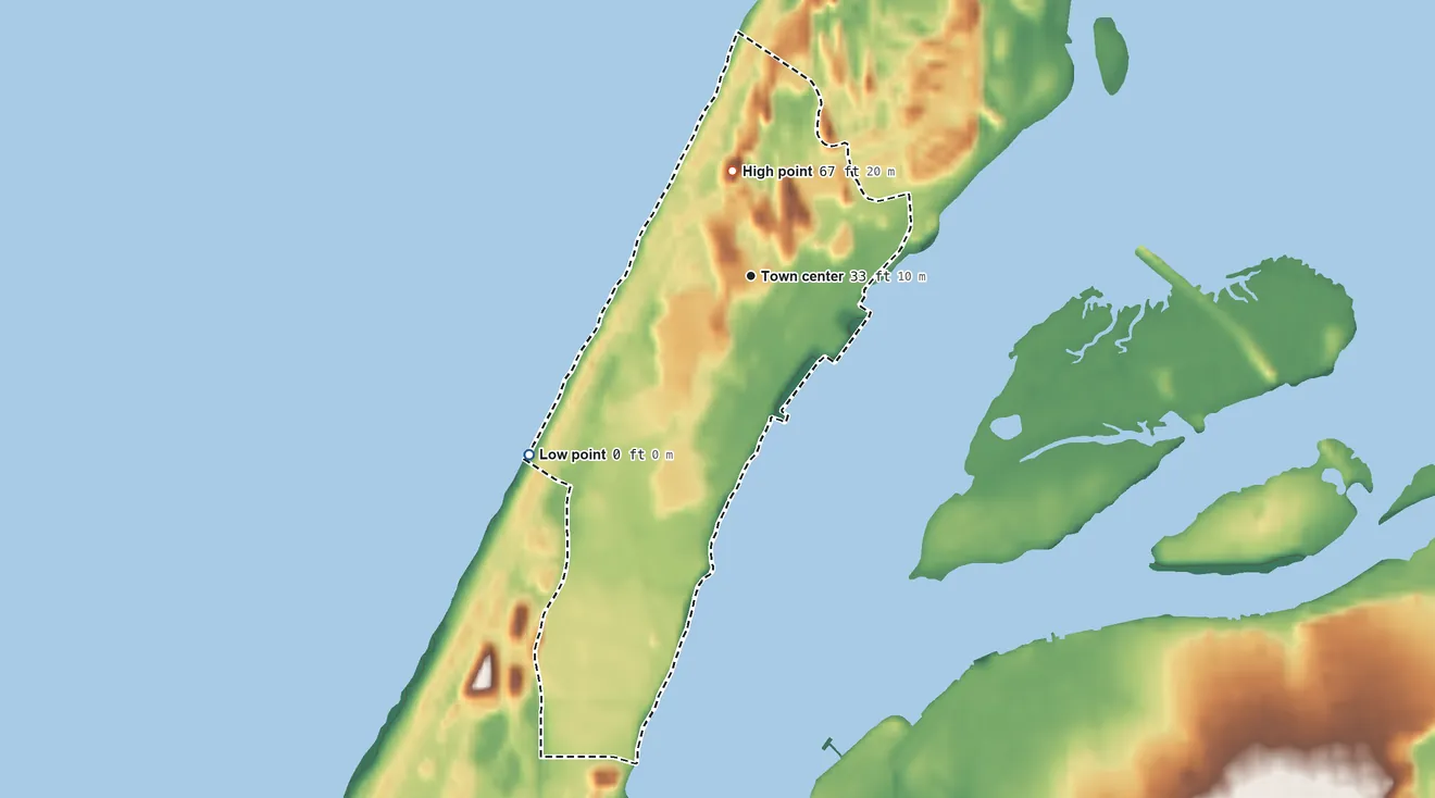 Topographic elevation map of Samoa, California, shaded from sea level level on the Pacific Ocean to 67 ft on the north side
