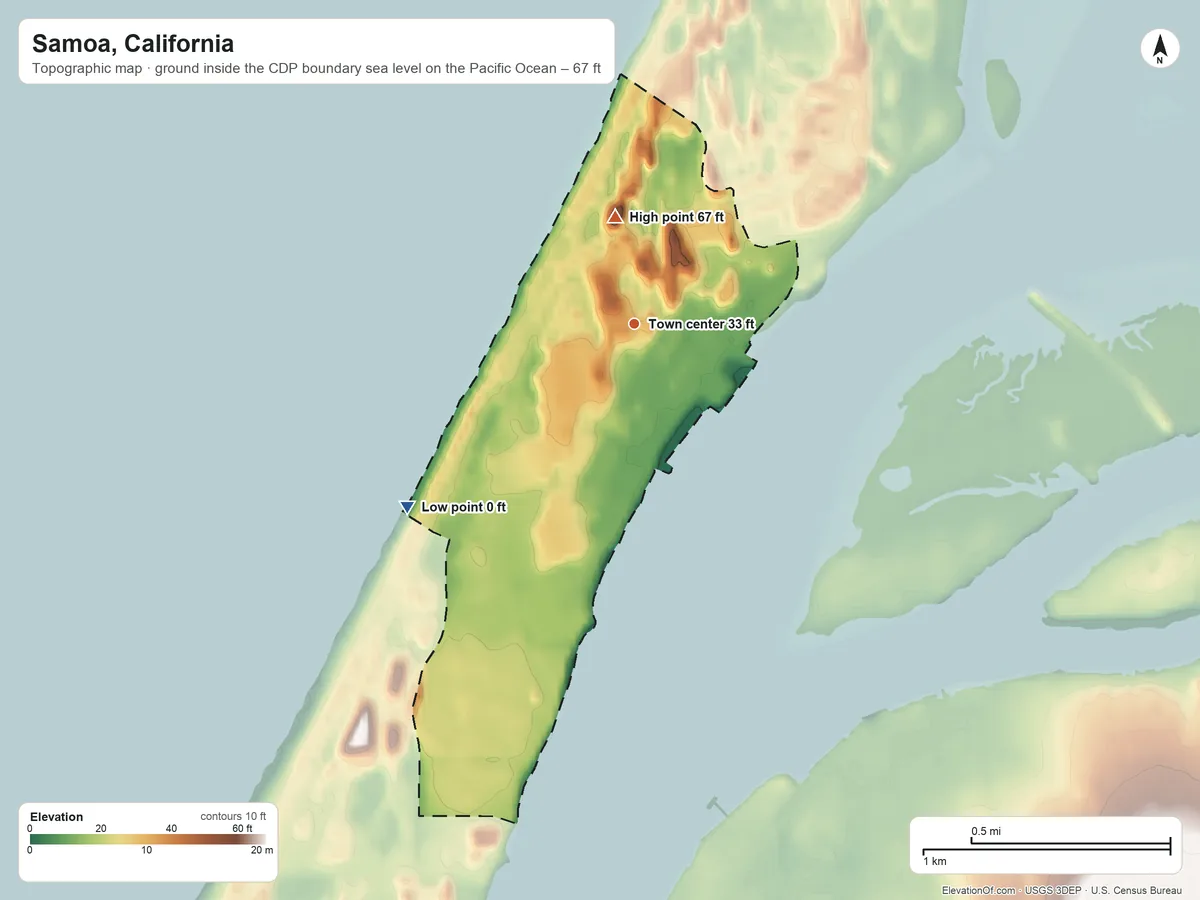 Topographic elevation map of Samoa, California, shaded from sea level level on the Pacific Ocean to 67 ft on the north side