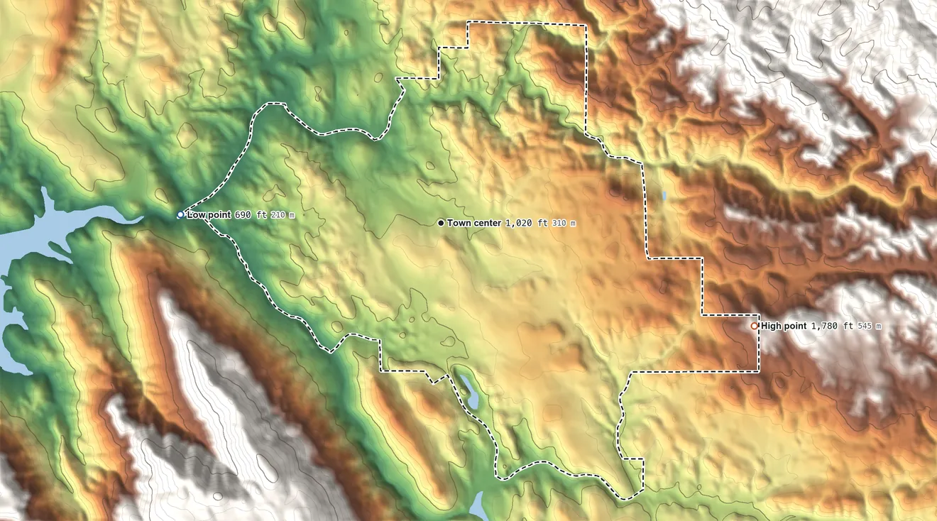 Topographic elevation map of San Andreas, California, shaded from 690 ft on the west side to 1,780 ft on the east side