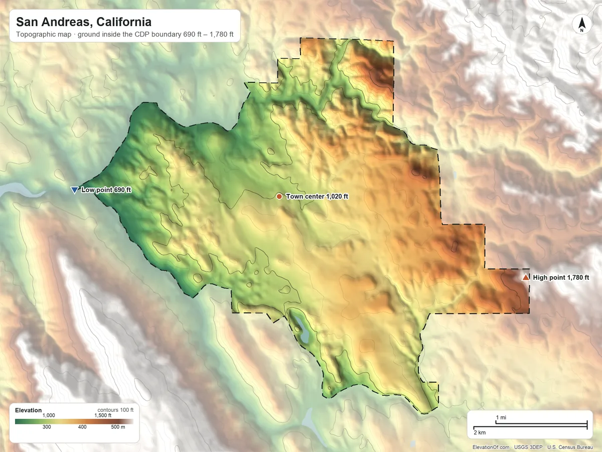 Topographic elevation map of San Andreas, California, shaded from 690 ft on the west side to 1,780 ft on the east side