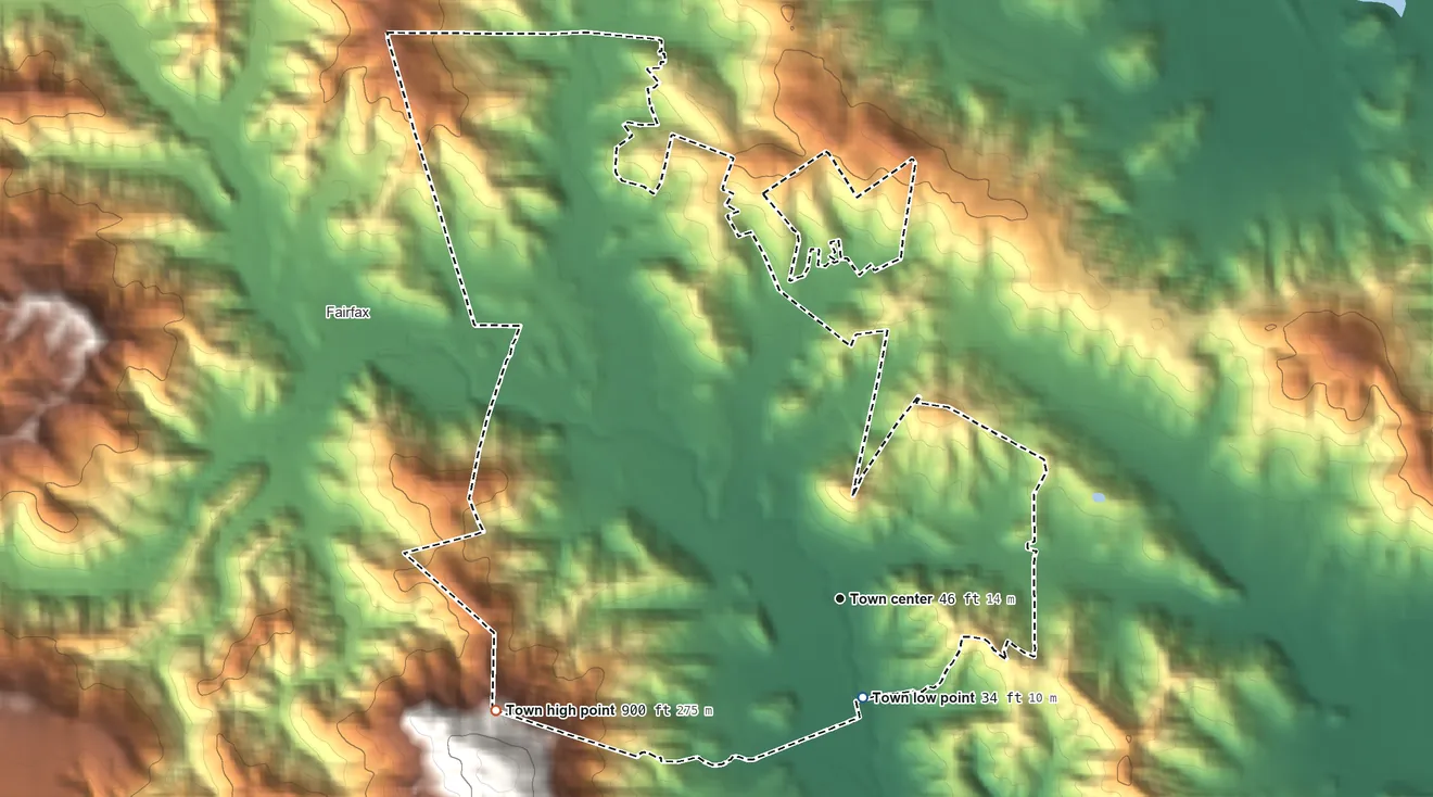 Topographic elevation map of San Anselmo, California, shaded from 34 ft on the south side to 900 ft on the west edge, below higher ground just outside