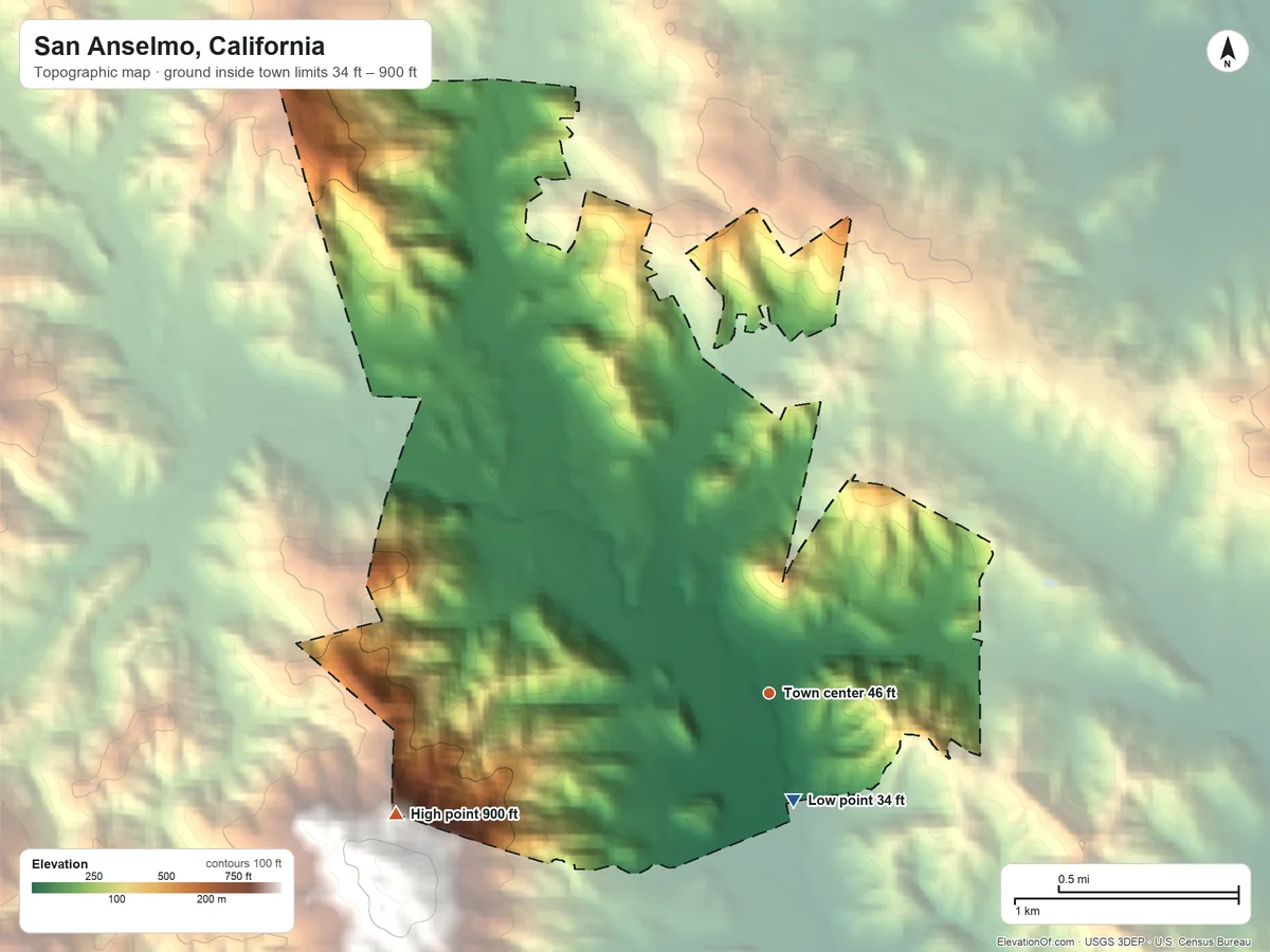 Topographic elevation map of San Anselmo, California, shaded from 34 ft on the south side to 900 ft on the west edge, below higher ground just outside