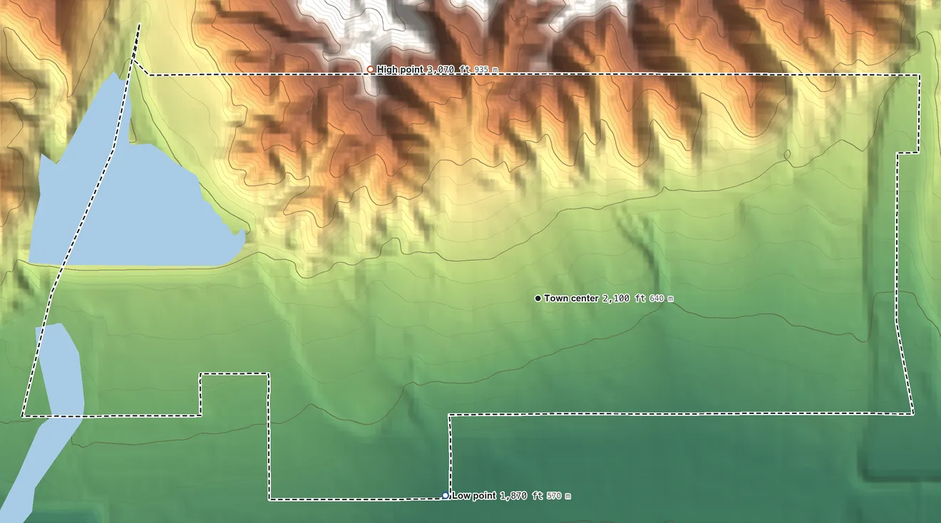 Topographic elevation map of San Antonio Heights, California, shaded from 1,870 ft on the southwest side to 3,070 ft at the foot of the San Gabriel Mountains