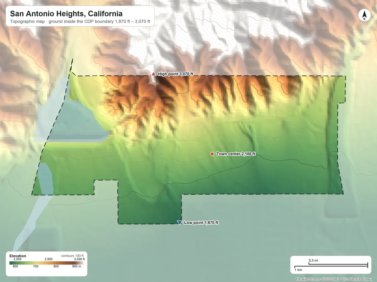 Topographic elevation map of San Antonio Heights, California, shaded from 1,870 ft on the southwest side to 3,070 ft at the foot of the San Gabriel Mountains