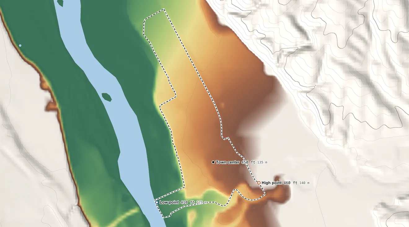 Topographic elevation map of San Ardo, California, shaded from 410 ft on the southwest side to 460 ft on the southeast edge, below higher ground just outside