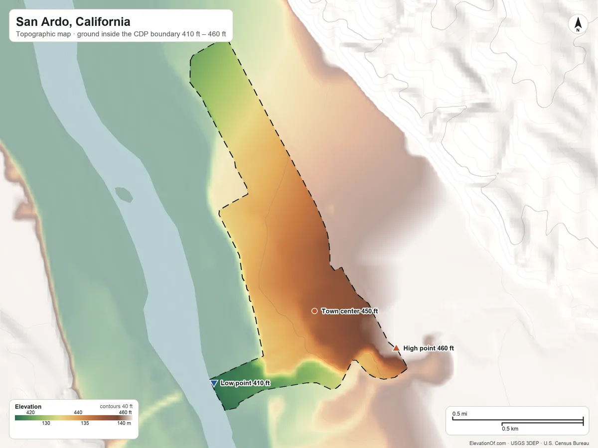 Topographic elevation map of San Ardo, California, shaded from 410 ft on the southwest side to 460 ft on the southeast edge, below higher ground just outside