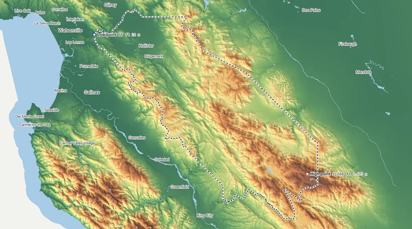 Topographic elevation map of San Benito County, California, shaded from 66 ft on the northwest side to 5,266 ft on San Benito Mountain