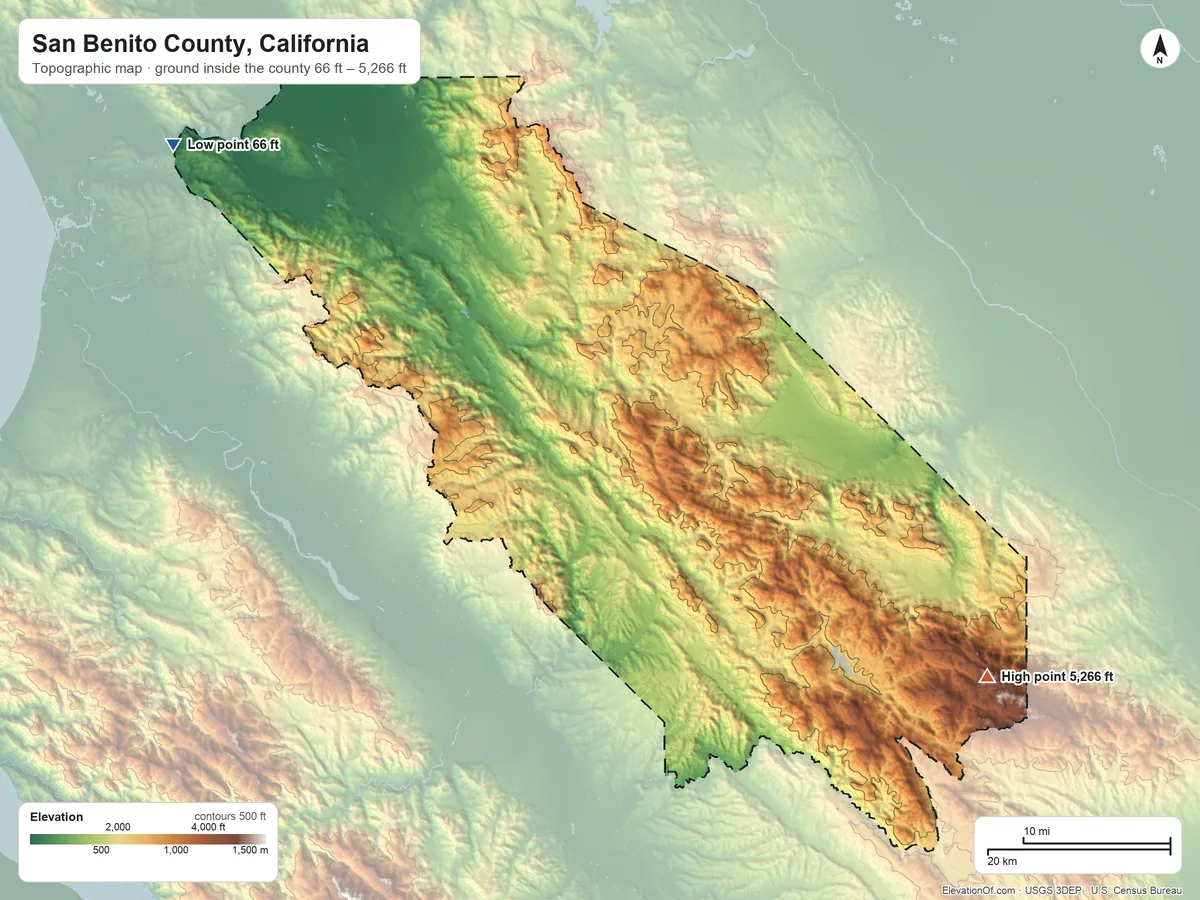 Topographic elevation map of San Benito County, California, shaded from 66 ft on the northwest side to 5,266 ft on San Benito Mountain