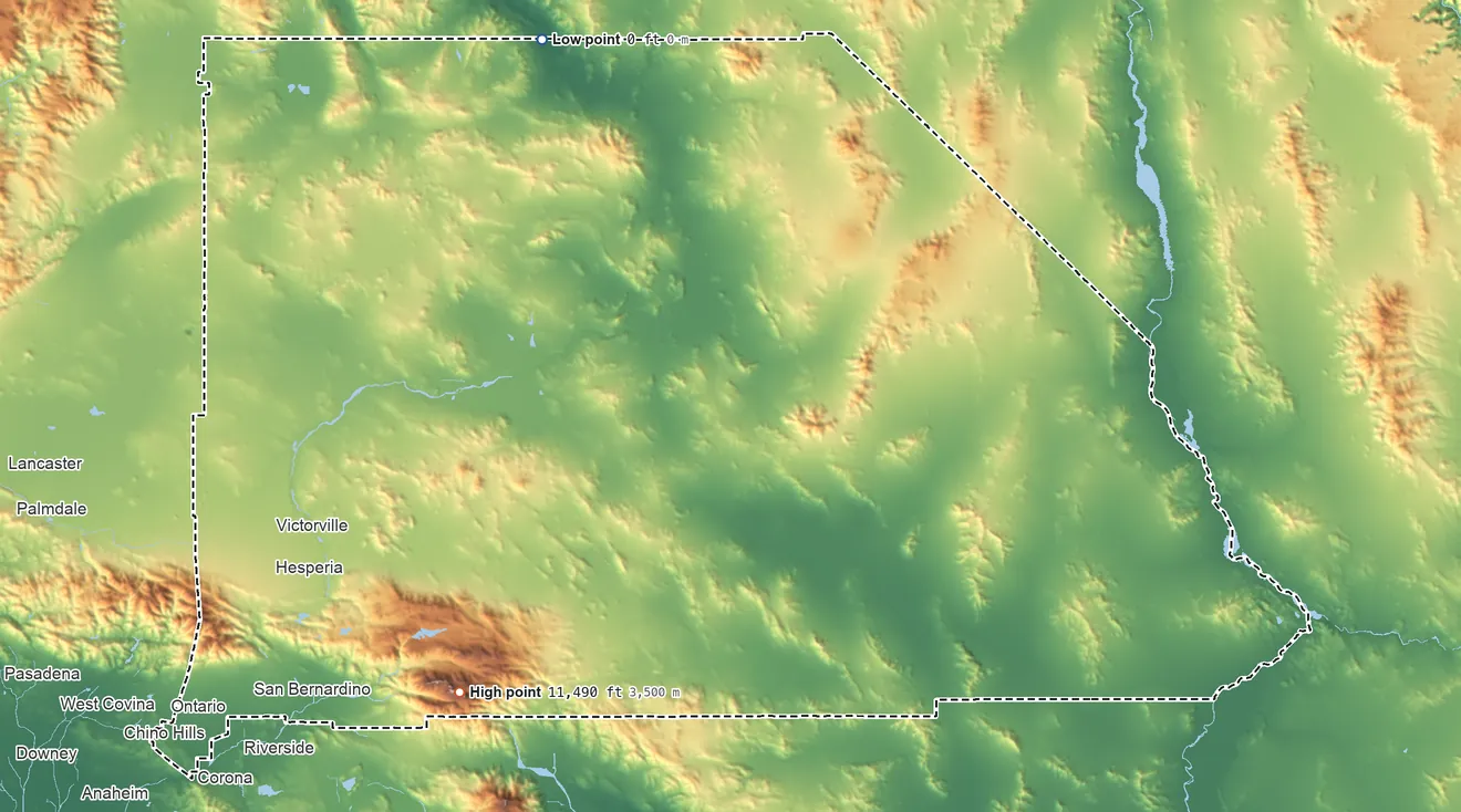 Topographic elevation map of San Bernardino County, California, shaded from 0 ft on the northwest side to 11,490 ft on San Gorgonio Mountain