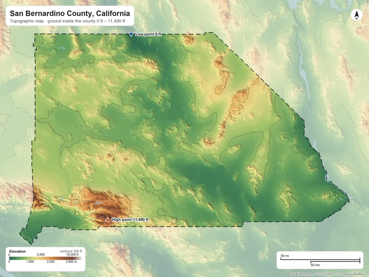 Topographic elevation map of San Bernardino County, California, shaded from 0 ft on the northwest side to 11,490 ft on San Gorgonio Mountain