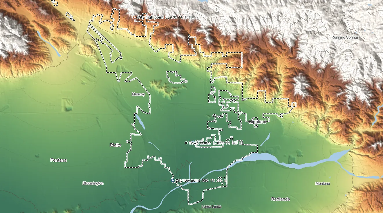 Topographic elevation map of San Bernardino, California, shaded from 950 ft on the south side to 3,970 ft at the foot of the Shandin Hills