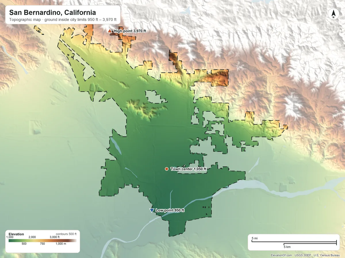 Topographic elevation map of San Bernardino, California, shaded from 950 ft on the south side to 3,970 ft at the foot of the Shandin Hills