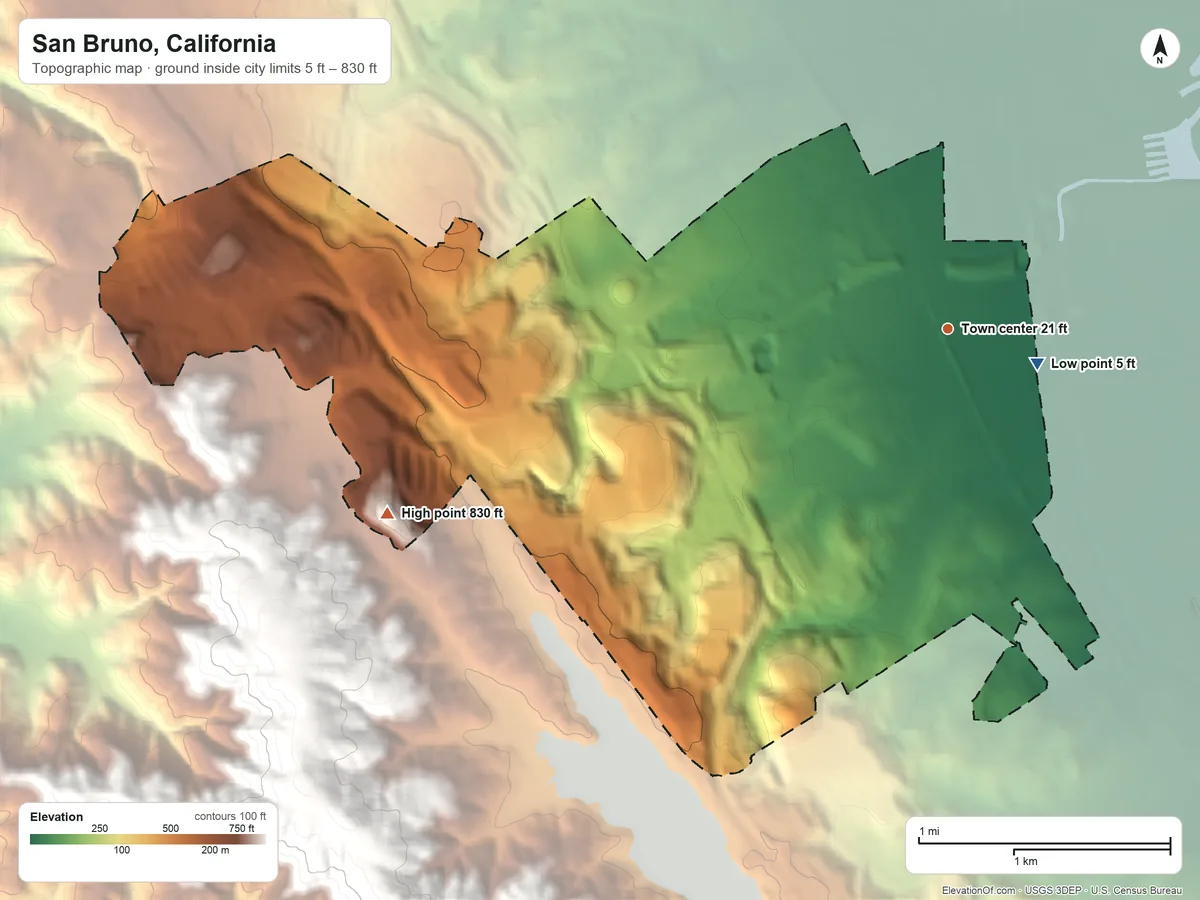 Topographic elevation map of San Bruno, California, shaded from 5 ft near the middle to 830 ft at the foot of the San Miguel Hills