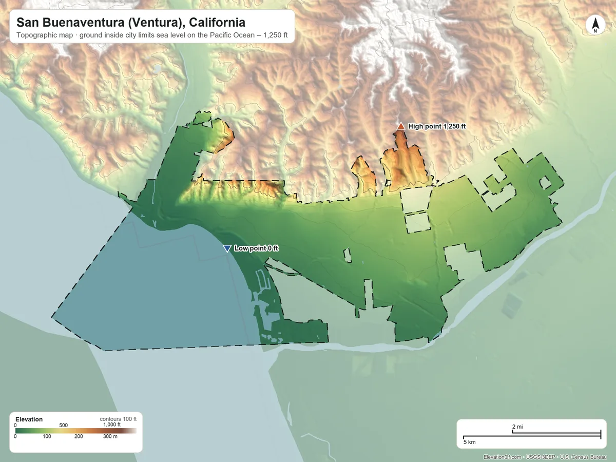 Topographic elevation map of San Buenaventura (Ventura), California, shaded from sea level level on the Pacific Ocean to 1,250 ft on the north edge, below higher ground just outside