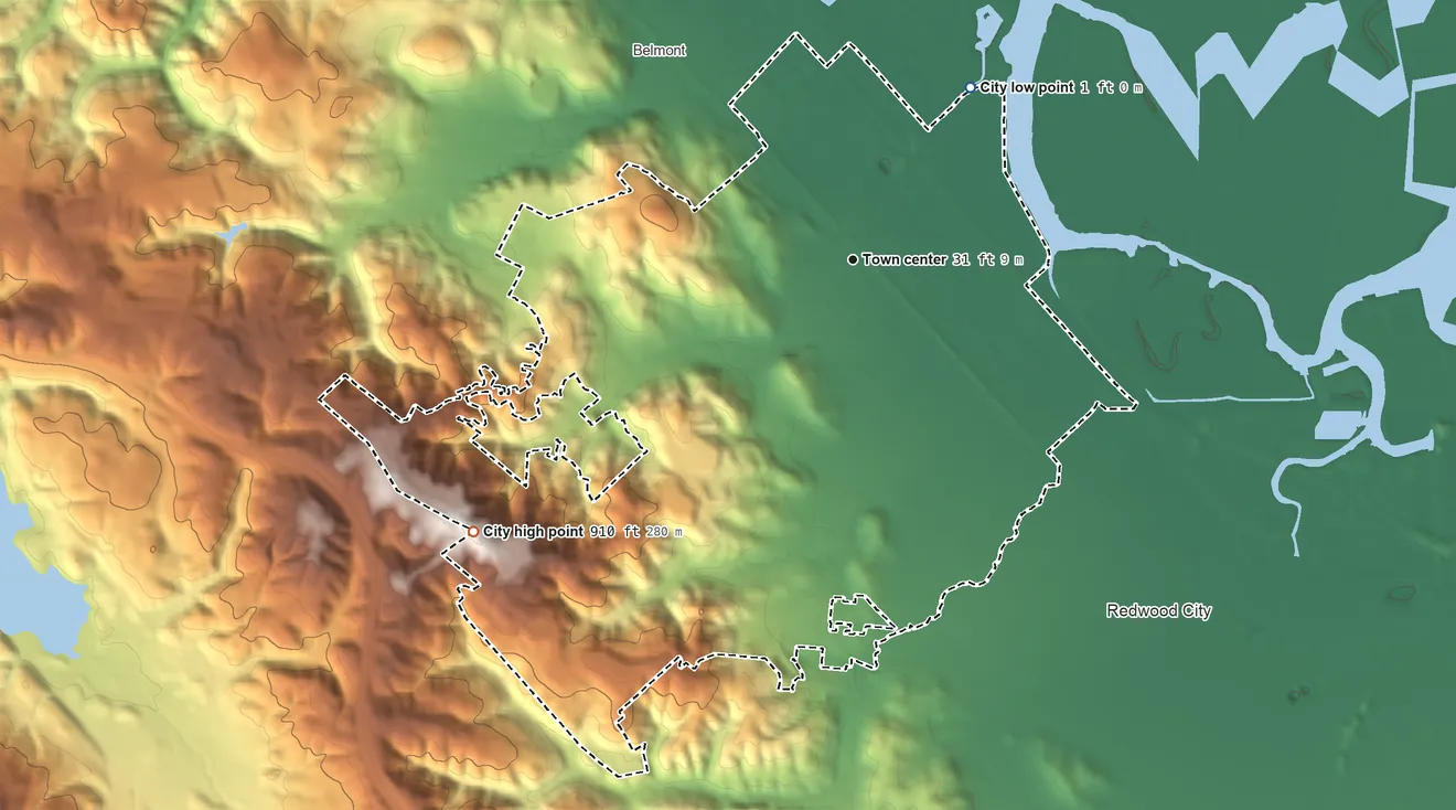 Topographic elevation map of San Carlos, California, shaded from 1 ft on the northeast side to 910 ft on the southwest side